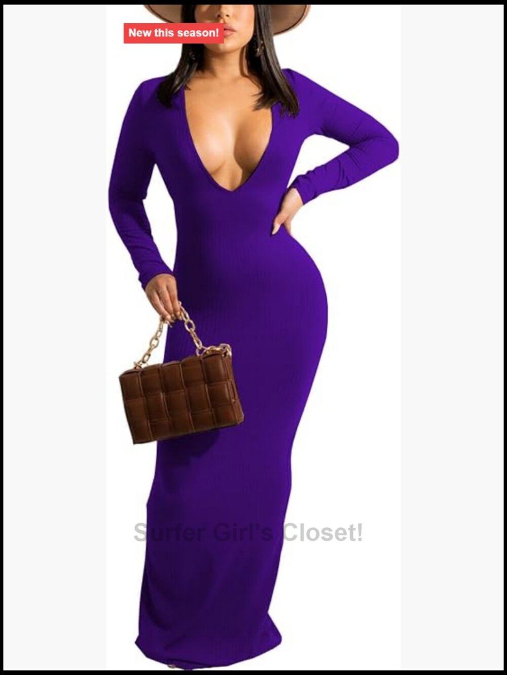 Women's Plus Size Long Sleeve Bodycon Maxi Dress Deep V Neck Ribbed Knit Party